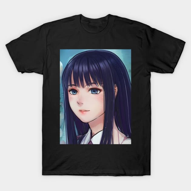 Sad anime girl with black hair T-Shirt by animegirlnft